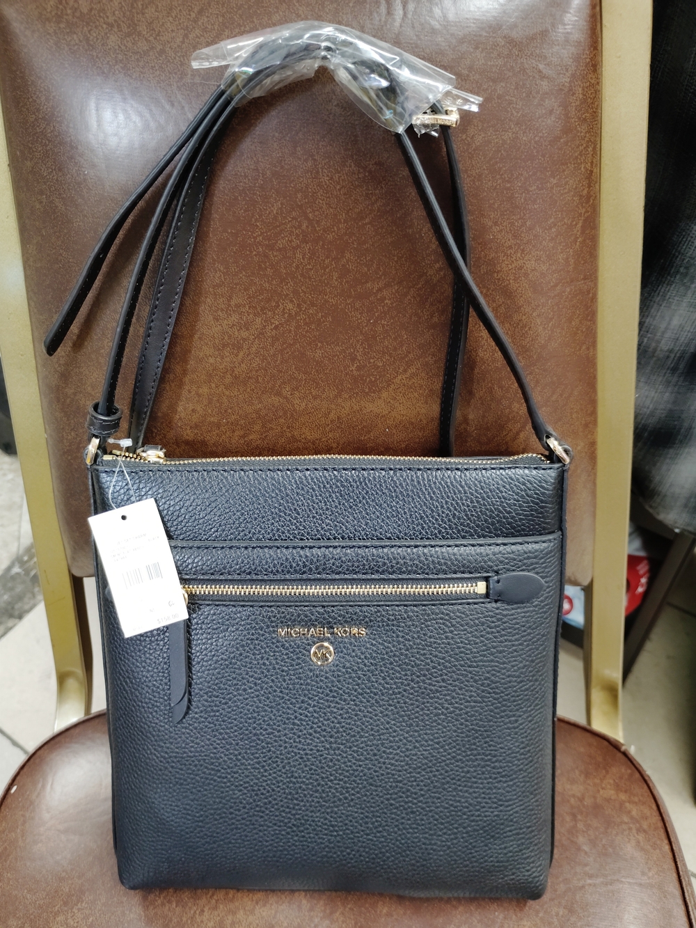 Michael Kors Navy Pebbled Leather Crossbody Bag with Gold Hardware